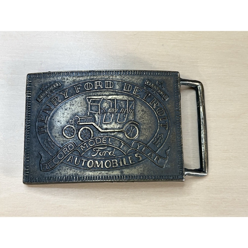 VTG Henry Ford Detroit Automobile Record Model T Year Brass Belt Buckle - Patina